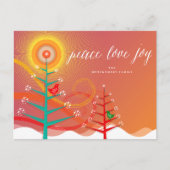 平和と愛の冬の木々雪と鳥モダン シーズンポストカード (正面)