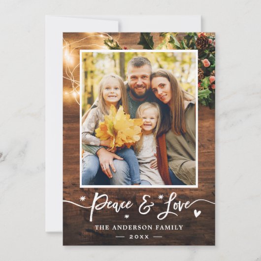 平和と愛の国素朴の文字列ライト写真 シーズンカード (正面)
