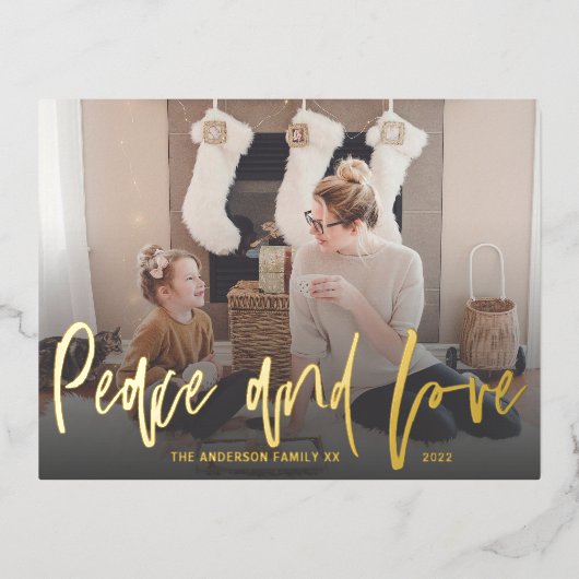 平和と愛の金箔スクリプト1写真クリスマス 箔シーズンポストカード (正面)