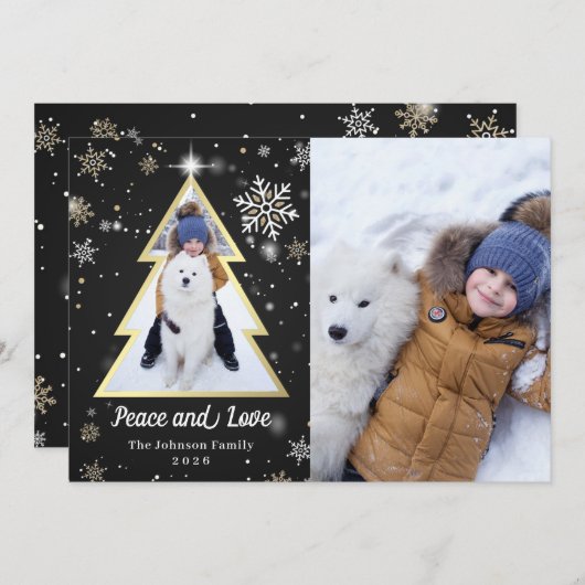 平和と愛の雪片クリスマスツリー2写真 シーズンカード (正面/裏面)