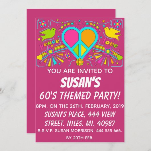 平和と愛の60年代をテーマにしたパーティー 招待状 (正面/裏面)