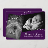 平和と愛クリスマスの写真ラウンドエッジパープル シーズンカード (正面/裏面)