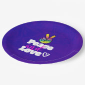 平和と愛タイポグラフィレインボーハンドピースサイン ペーパープレート (アングル)