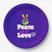 平和と愛タイポグラフィレインボーハンドピースサイン ペーパープレート (正面)