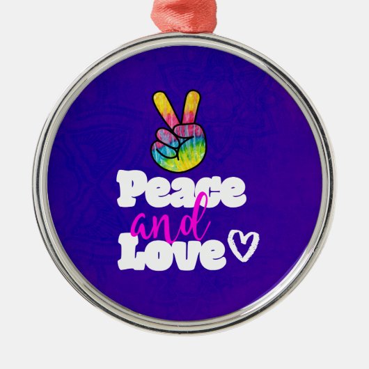 平和と愛タイポグラフィレインボーハンドピースサイン メタルオーナメント (正面)