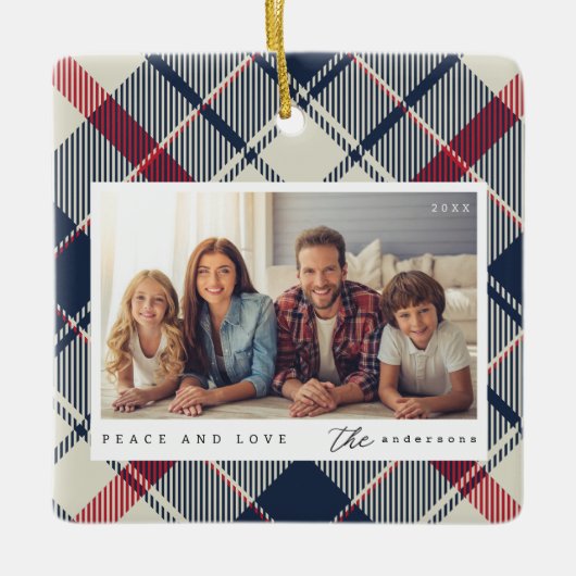 平和と愛モダンクリスマス家族の写真 セラミックオーナメント (正面)