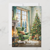 平和なクリスマスのシーンカード 水彩 赤 緑 シーズンカード (正面)
