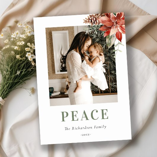 平和なクリスマスのポインセチアの花束の写真 水彩画 シーズンカード