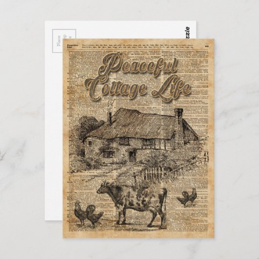 平和なコテージライフヴィンテージ辞書アート ポストカード (正面/裏面)