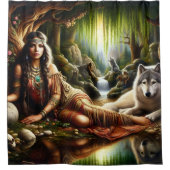 平和なシーン：先住民インディアンと狼 シャワーカーテン (正面)