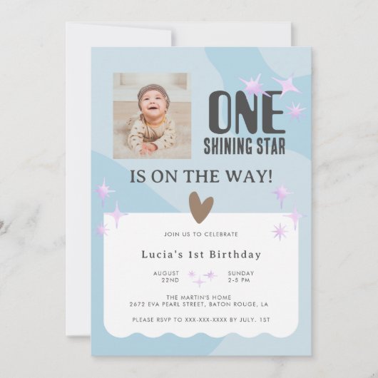 平和なベビーブルースターフォトベビー1st Birthday 招待状 (正面)