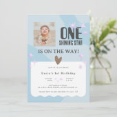 平和なベビーブルースターフォトベビー1st Birthday 招待状 (スタンド正面)