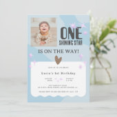 平和なベビーブルースターフォトベビー1st Birthday 招待状 (スタンド正面)