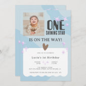 平和なベビーブルースターフォトベビー1st Birthday 招待状 (正面/裏面)