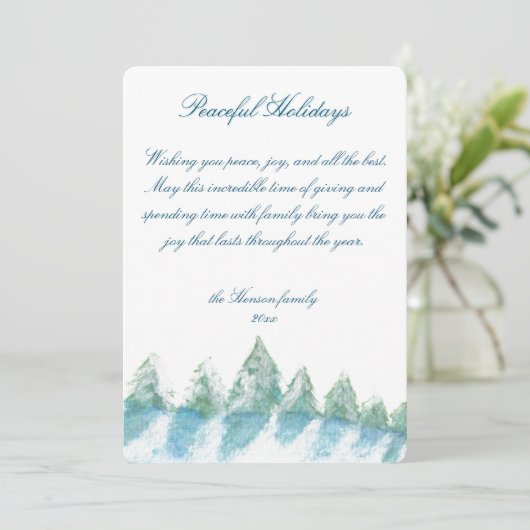 平和な冬の森の水の色のスクリプトクリスマス シーズンカード (スタンド正面)