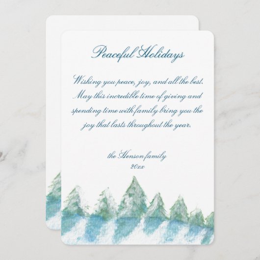 平和な冬の森の水の色のスクリプトクリスマス シーズンカード (正面/裏面)