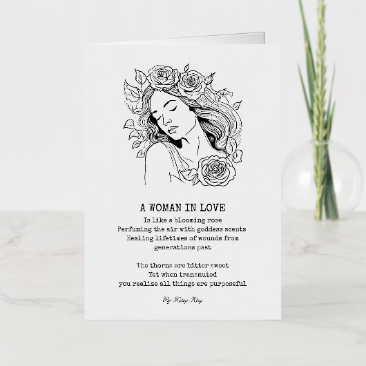 平和な女性、白黒のバラ 箔グリーティングカード (正面)