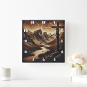 平和な山の中で十字架に掛かるイエス スクエア壁時計 (ホーム)