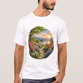 平和な庭園の湖の山の風景 Tシャツ