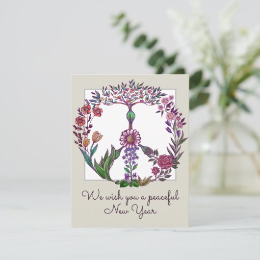 平和な新年フローラ平和のサインパーソナライズされた カード (スタンド正面)