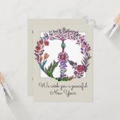 平和な新年フローラ平和のサインパーソナライズされた カード (正面/裏面インサイチュ)