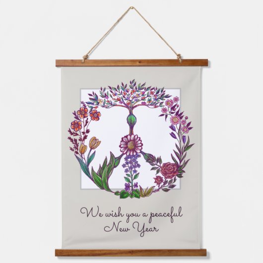 平和な新年フローラ平和のサインパーソナライズされた 吊り下げ型タペストリー (正面)
