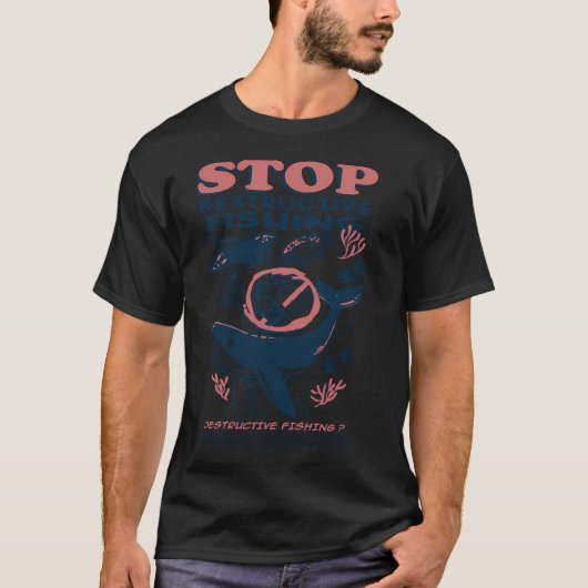 平和な日の釣り - 田舎風の黒と白のリバー Tシャツ (正面)
