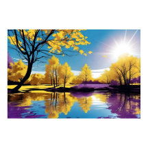 平和な湖に紫と黄色の木の反射