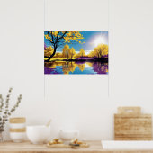 平和な湖に紫と黄色の木の反射 ポスター (キッチン)