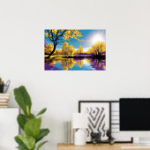平和な湖に紫と黄色の木の反射 ポスター (ホームオフィス)