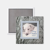 平和な白い子犬の雪の日クリスマスマグネ マグネット (正面/裏面)