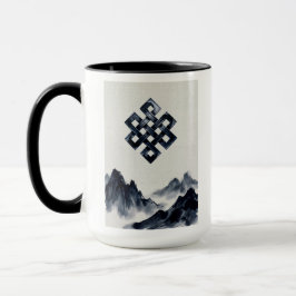 平和な禅仏教の無限の結び目と霧の山々 マグカップ