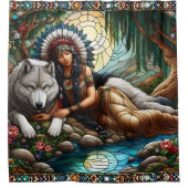 平和な絆:先住民の女性と狼 シャワーカーテン (正面)