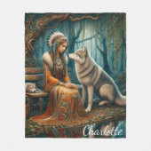平和な絆:先住民の女性と狼 フリースブランケット (正面)