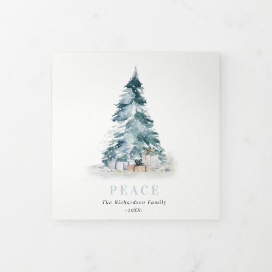 平和な雪の松のクリスマスツリーの贈り物 3枚の写真 三つ折りクリスマスカード (カバー)