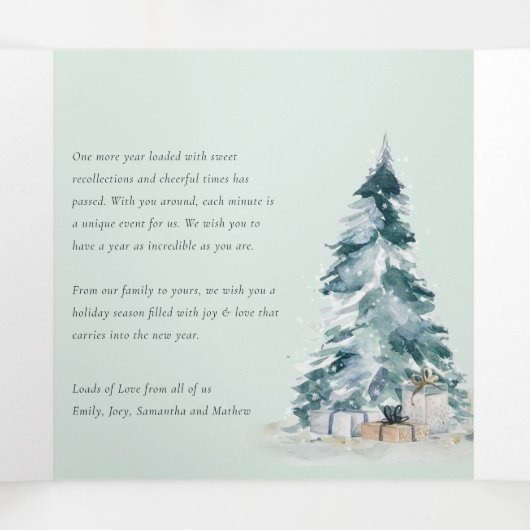 平和な雪の松のクリスマスツリーの贈り物 3枚の写真 三つ折りクリスマスカード (内部中)