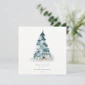 平和な雪 水彩画の松の木のクリスマスツリー プレゼント シーズンカード (スタンド正面)