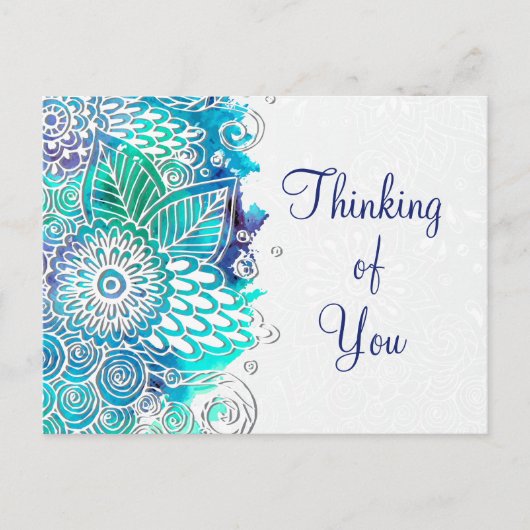 平和な青とティール(緑がかった色)フローラマンダラモチーフ ポストカード (正面)