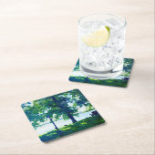 平和な青と緑のトゥラビレイサイドベンチ スクエアペーパーコースター (インサイチュ)