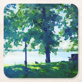 平和な青と緑のトゥラビレイサイドベンチ スクエアペーパーコースター