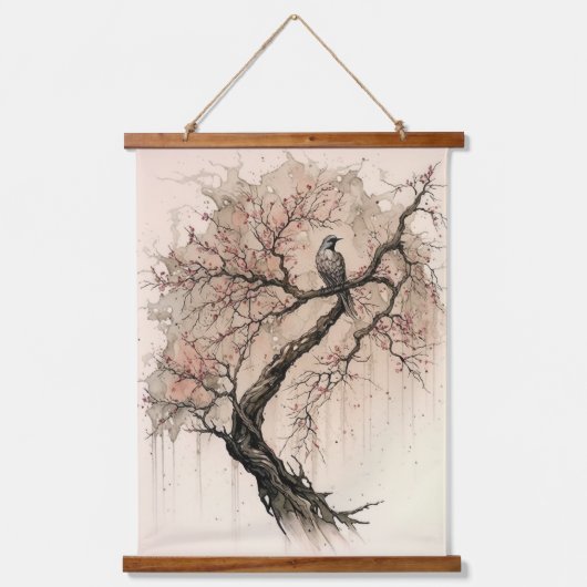 平和な鳥とさくらんぼの花 吊り下げ型タペストリー (正面)
