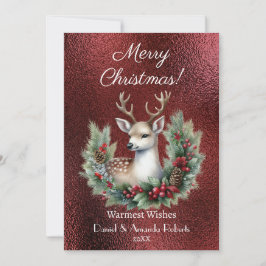 平和な鹿と花輪、偽の赤いテクスチャード シーズンカード