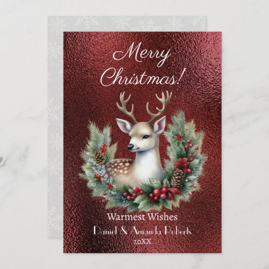 平和な鹿と花輪、偽の赤いテクスチャード シーズンカード (正面/裏面)