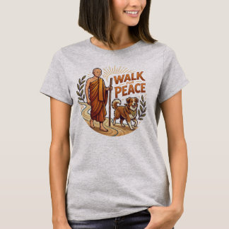 平和のために歩こう ビンテージ風仏教僧侶と犬 Tシャツ