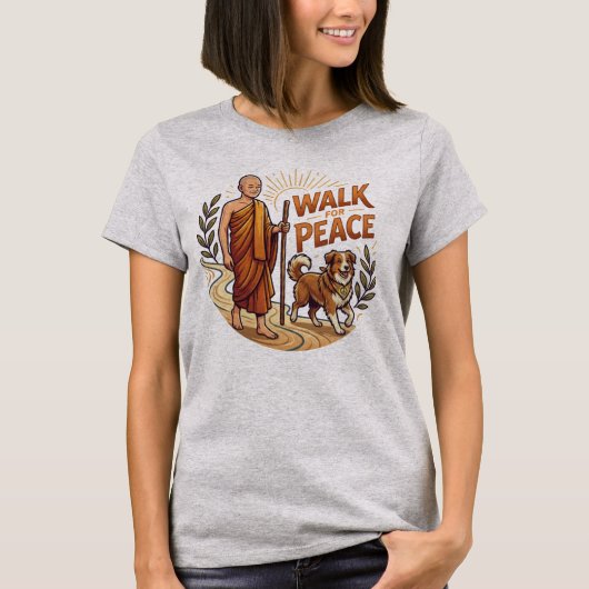 平和のために歩こう ビンテージ風仏教僧侶と犬 Tシャツ (正面)