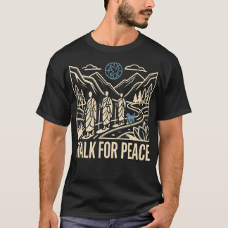 平和のための歩行 Aloka Monks 犬 ハト 地球 ラインアート Tシャツ