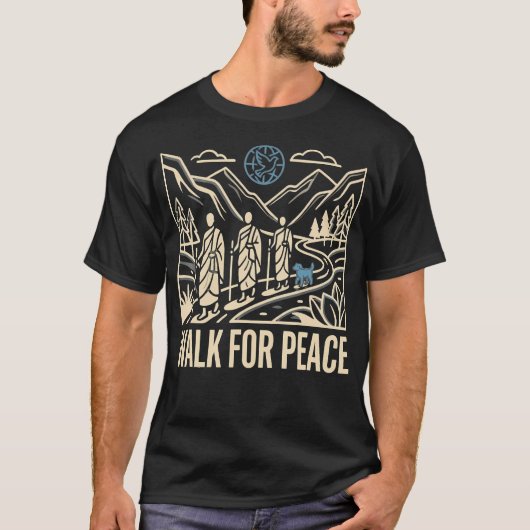 平和のための歩行 Aloka Monks 犬 ハト 地球 ラインアート Tシャツ (正面)