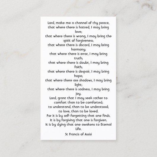 平和のための祈りの言葉セントフランシスのカード 名刺 (裏面)