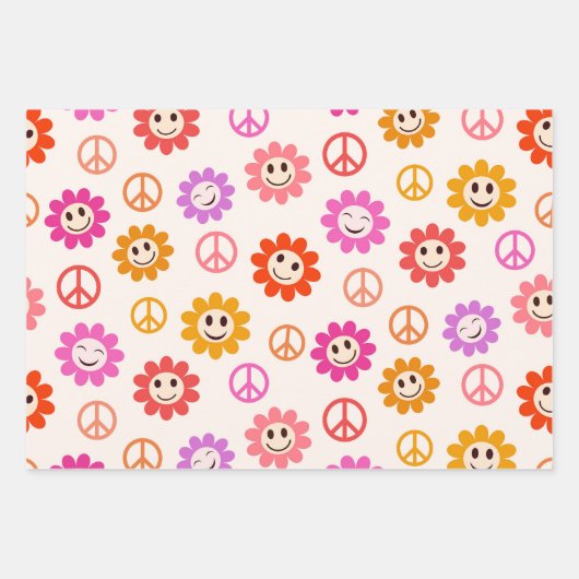 平和のサインが入ったハッピー笑顔の花 ラッピングペーパーシート (正面)