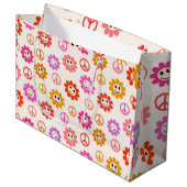 平和のサインが入ったハッピー笑顔の花 ラージペーパーバッグ (正面アングル)